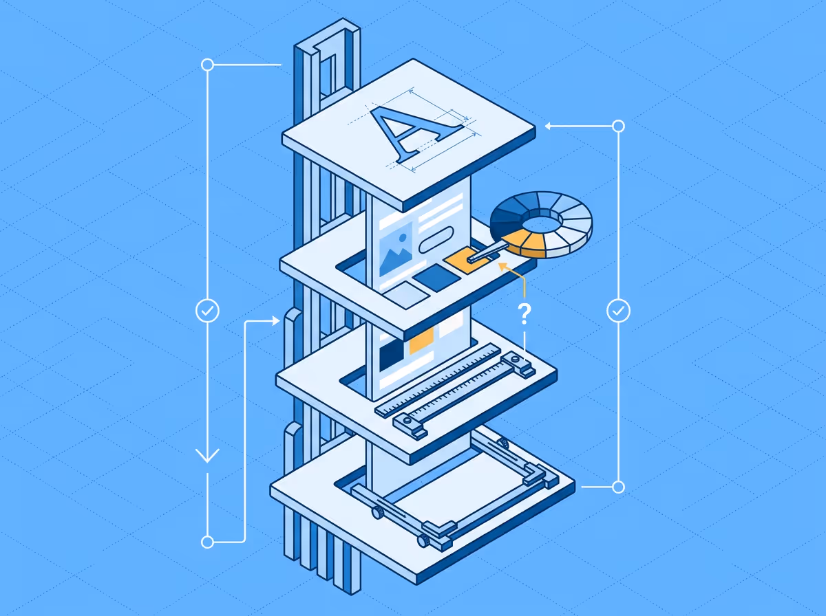 Isometric illustration of a vertical inspection stack checking a layout slab through four distinct measurement platforms