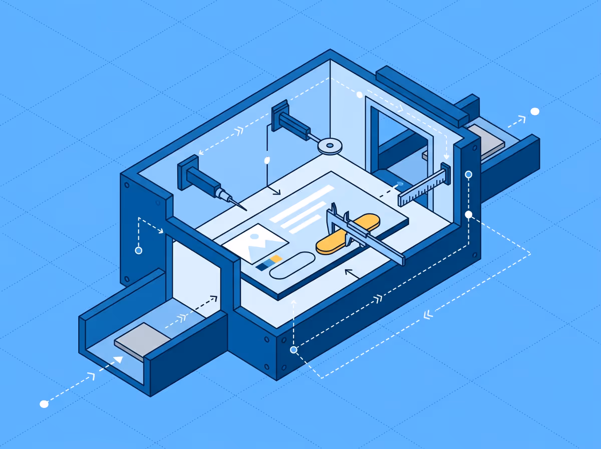 Isometric illustration of a self-running verification chamber with multiple probe arms simultaneously checking a layout slab