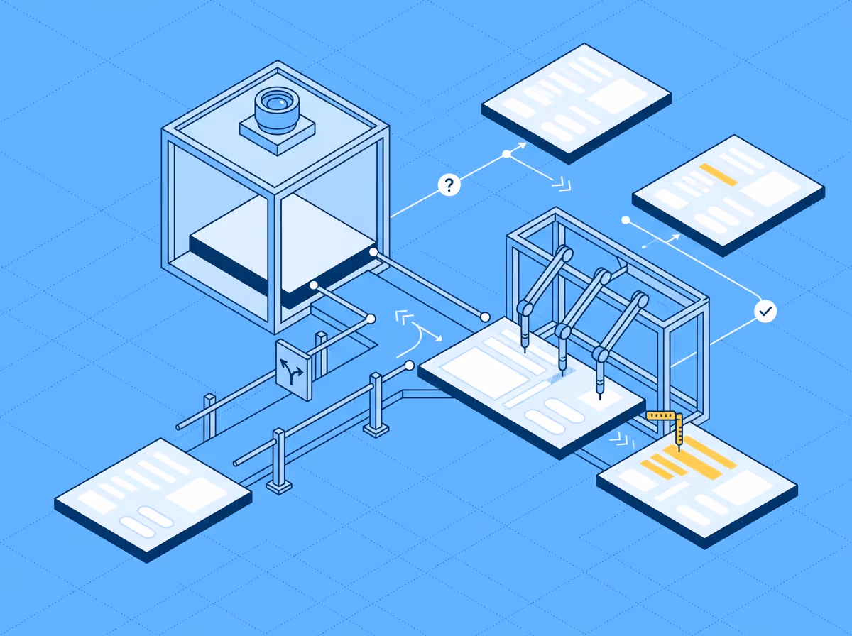 Isometric illustration of two design QA machines side by side, one capturing a screenshot with a camera and the other reading individual properties with probe arms