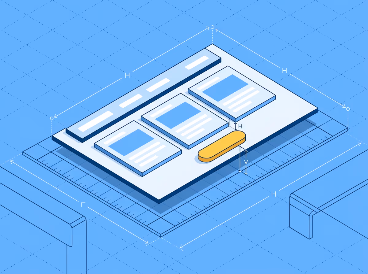 Isometric illustration of a layout slab hovering above a reference grid, with measurement indicators showing spacing offsets between element positions and grid lines