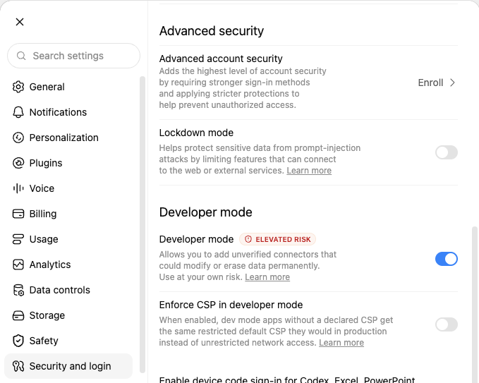 Developer mode switched on under Settings, Security and login in ChatGPT