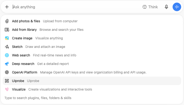 Uiprobe in the plus menu of the ChatGPT message box