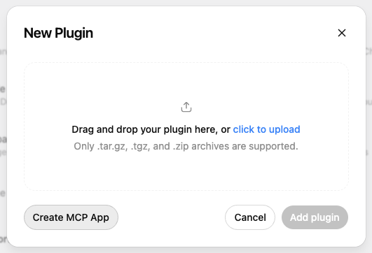 The New Plugin window in ChatGPT with the Create MCP App button