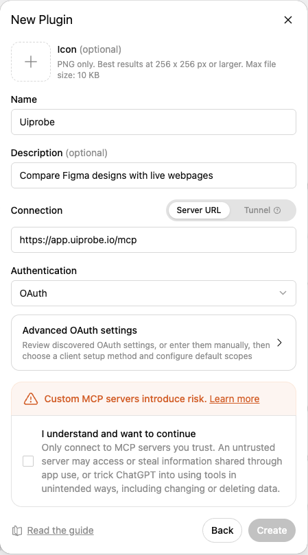 The New Plugin form in ChatGPT filled in for Uiprobe