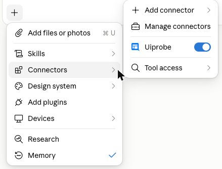 The Connectors menu under the plus button in the Claude message box, with Uiprobe switched on