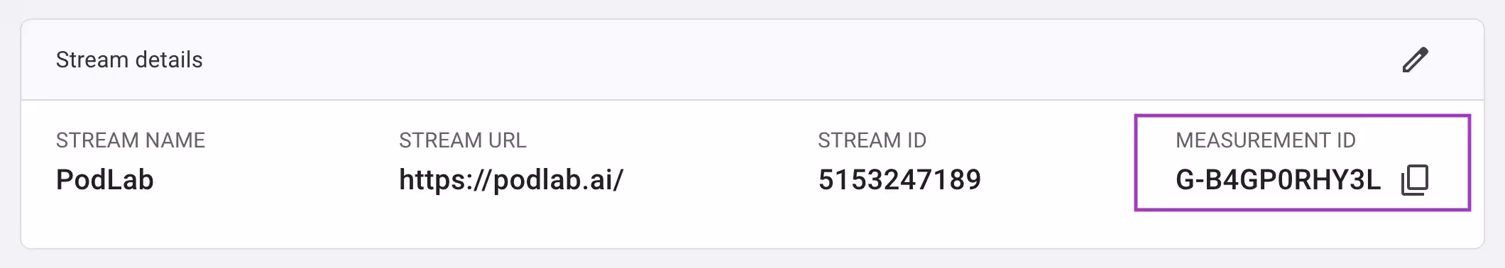 Google Analytics stream details with Measurement ID circled