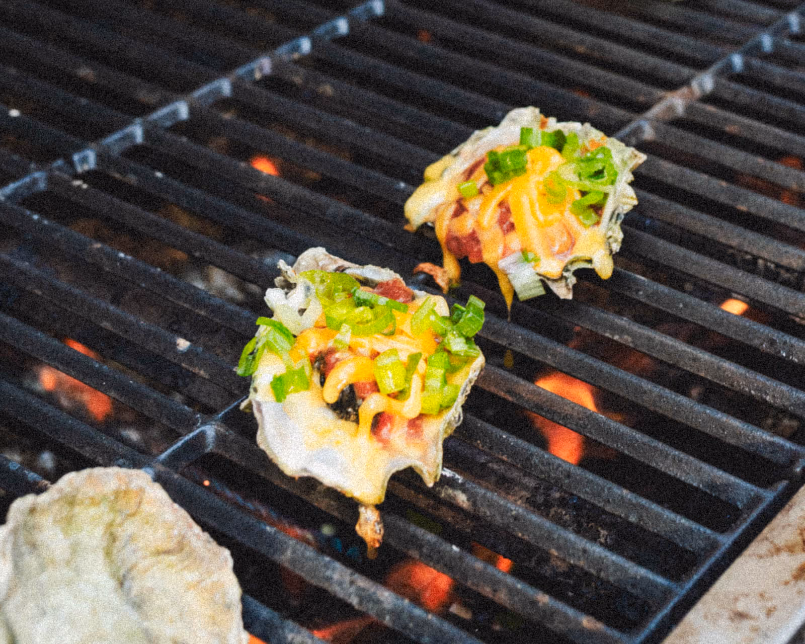 Two open oysters covered in cocktail sauce, yellow cheddar cheese, scallions, and bacon bits sit on the grates of a glowing grill.
