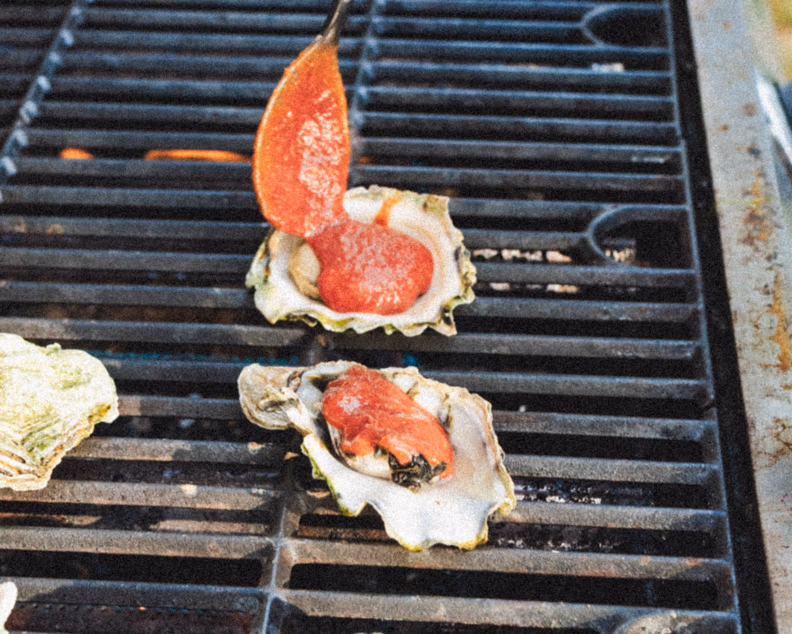 A spoon scoops bright red cocktail sauce onto two open oysters that sit on the grates of a grill