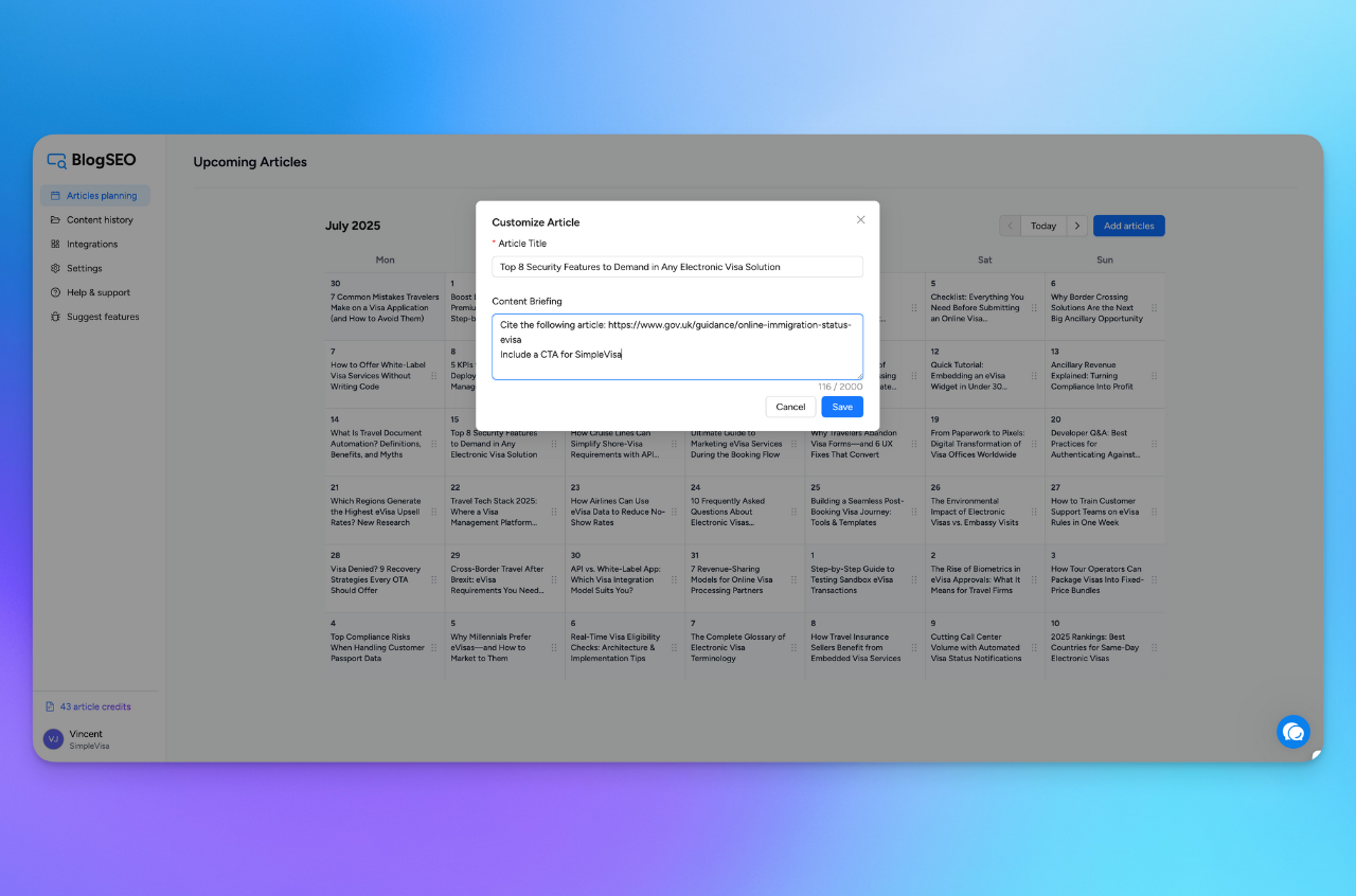 Preview screenshot of the article customization feature on BlogSEO
