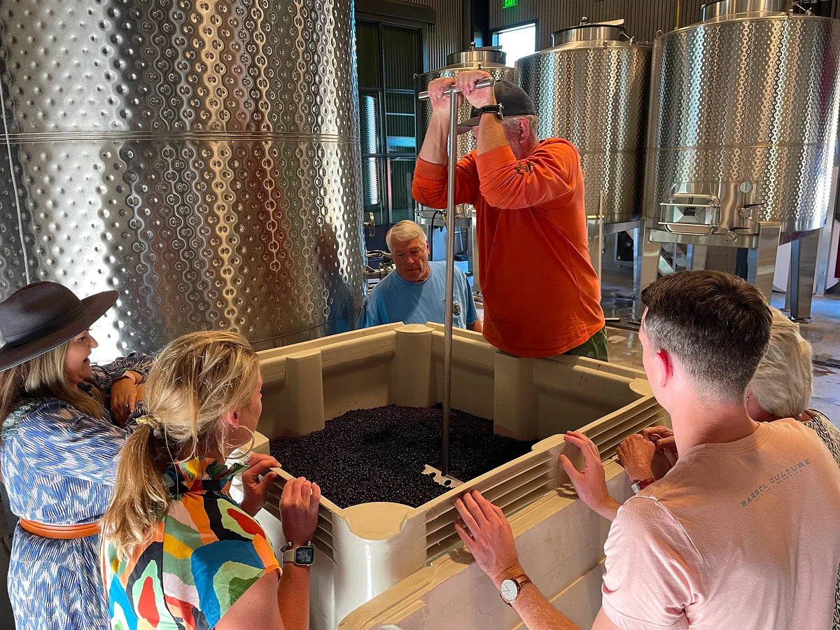 A group of people watching a man in an orange shirt demonstrating wine-making by pressing grapes in a large container, surrounded by stainless steel tanks in a Napa Valley winery.