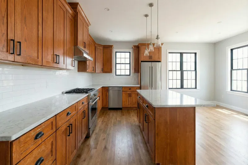 Outdated kitchen with worn green cabinets before cabinet painting and refinishing