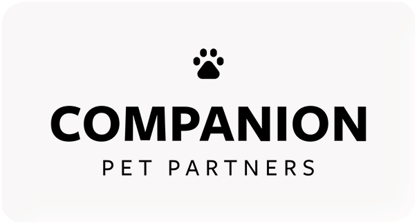 Logo for Companion Pet Partners with a black paw print above the company name on a white rounded rectangular background.