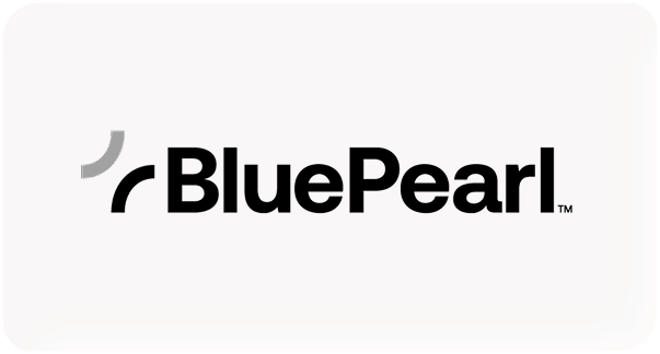 BluePearl logo with black text and gray curved design elements on a white rounded rectangle background.