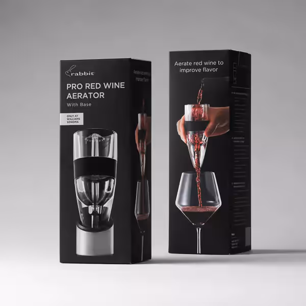 Red wine aerator packaging photography for Williams Sonoma