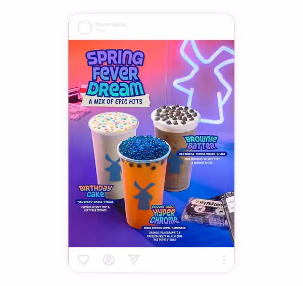 Trio of vibrant iced drinks including birthday cake, brownie batter, and neon blue Hyper Chrome, styled with sprinkles, soft top, and colorful props—creative drink photography for spring beverage campaigns.