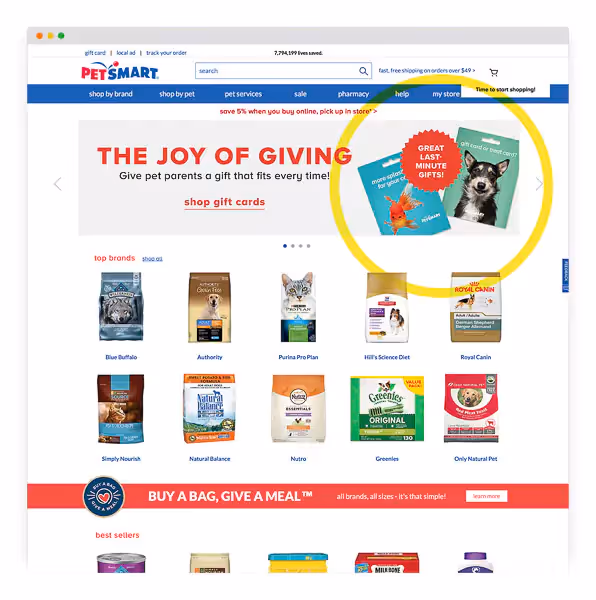 PetSmart giftcard ecommerce website feature.