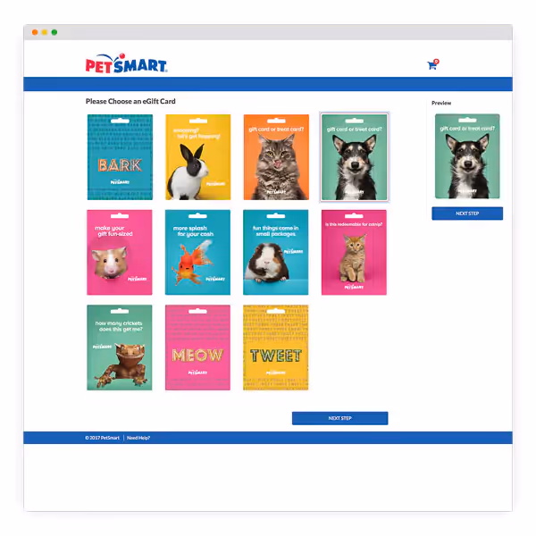 PetSmart giftcard ecommerce website with each option displaying animals photographed in the studio on minimal backgrounds.