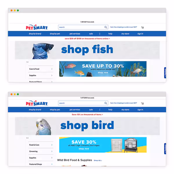 PetSmart website with animal product photography used to define catagories.