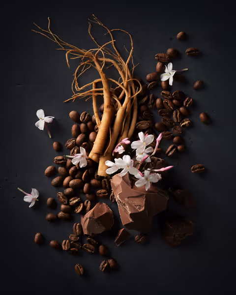 A group of coffee beans and flowers arranged with exquisite food styling—perfect inspiration for any beverage photographer