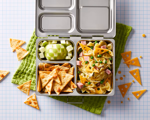 Geometric themed food in a stainless steel, reusable lunchbox.