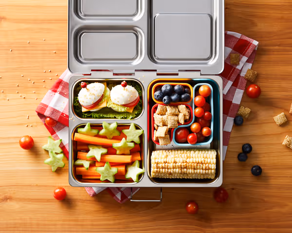 Colorful All-American Kids Lunchbox with Fresh Veggies and Fruits