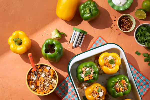 Stuffed green and yellow bell peppers in a studio food photography setup with ingredients and utensils on a terracotta surface.