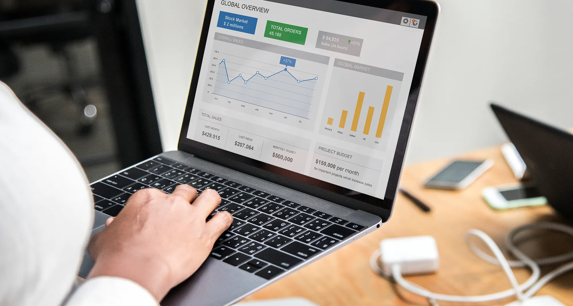 A person using a laptop computer on a desk.