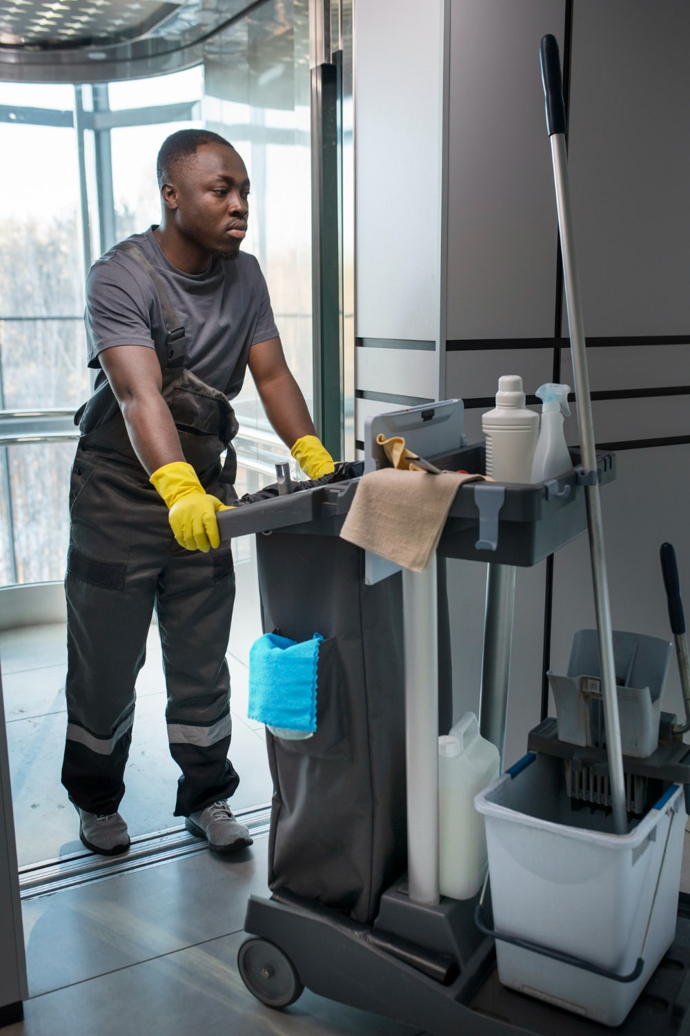 Man wearing yellow gloves pushing a cleaning cart with supplies inside a building.