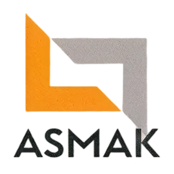 Logo with an abstract geometric design combining orange and gray shapes above the text 'ASMAK'.