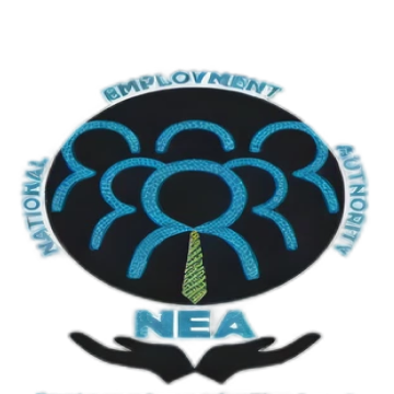 Logo with stylized blue figures of people, one wearing a green tie, surrounded by words 'NATION', 'IMPROVING', 'MOTION FOR', and 'NEA' held by two black hands.