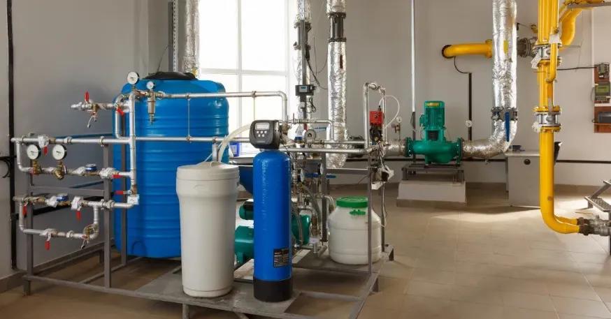 Water treatment system with blue tanks and piping.