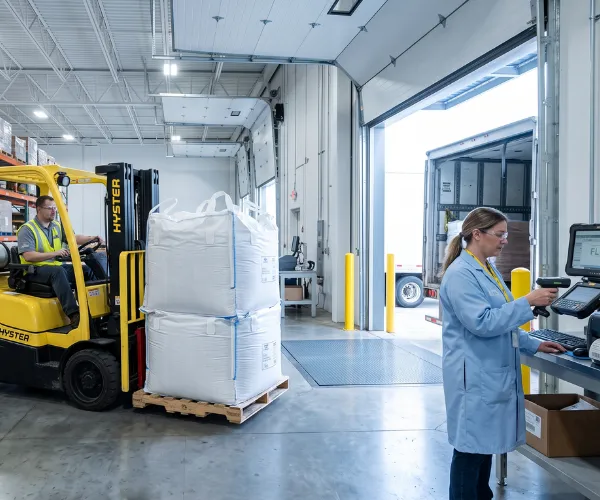 Forklift and worker loading bulk bags at a dock