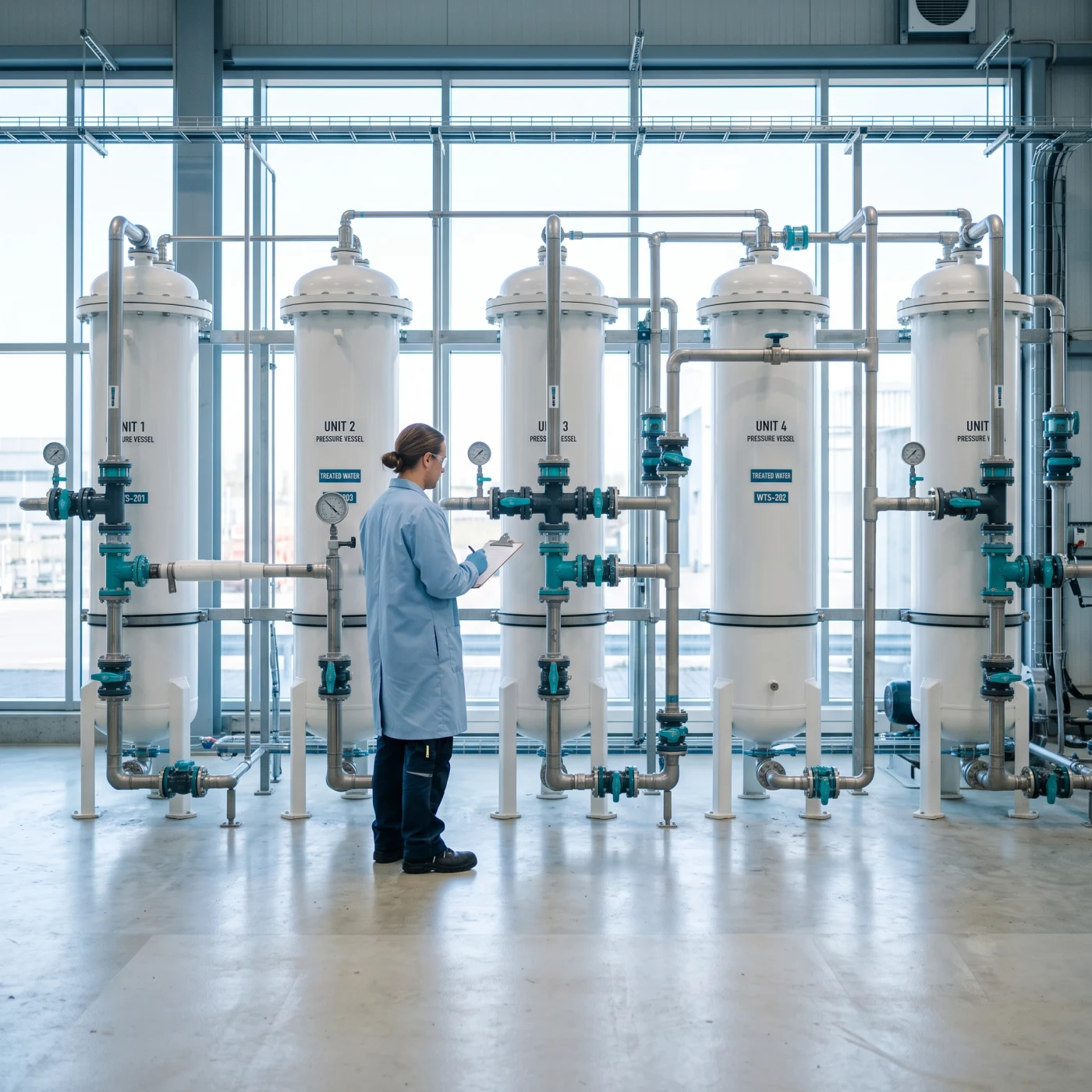 Technician beside tall industrial water filtration vessels