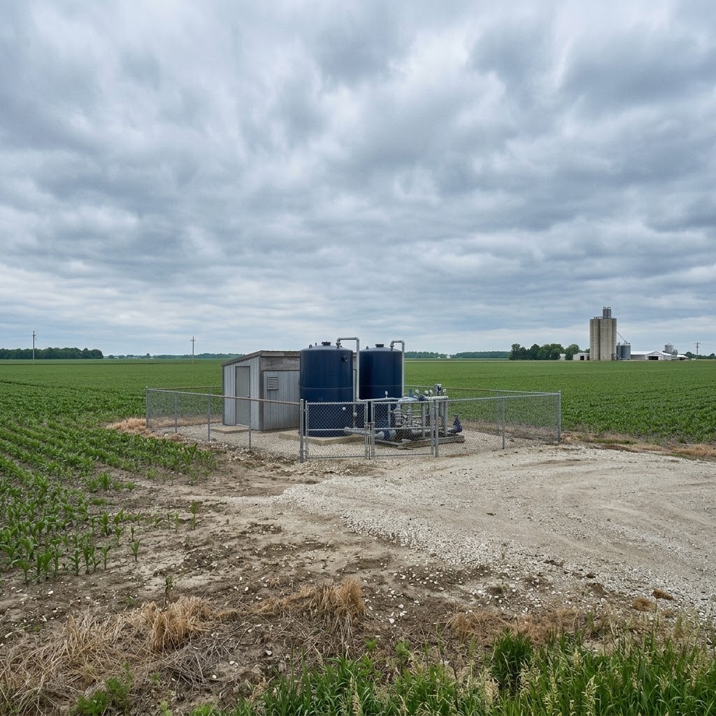 Rural water treatment skid in a farm field