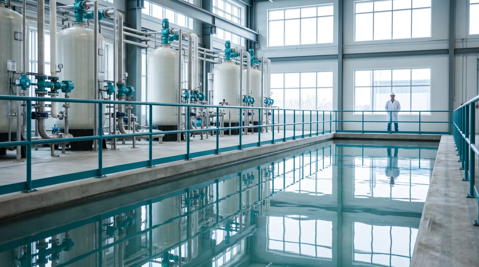 Indoor swimming pool beside water filtration tanks