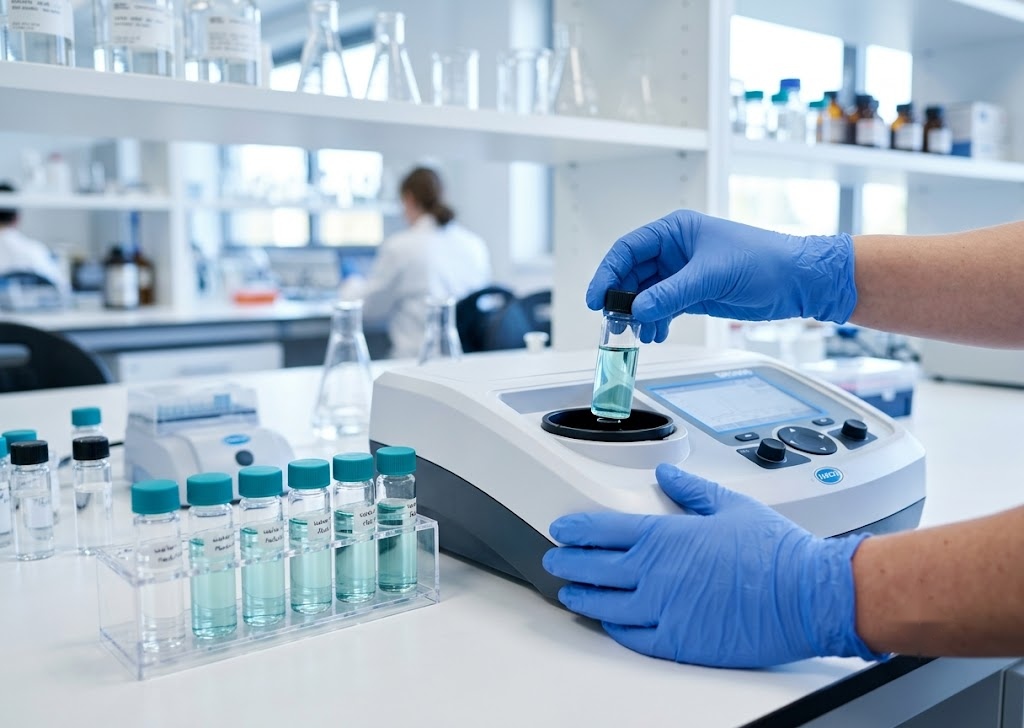 Scientist in blue gloves testing samples with lab instrument