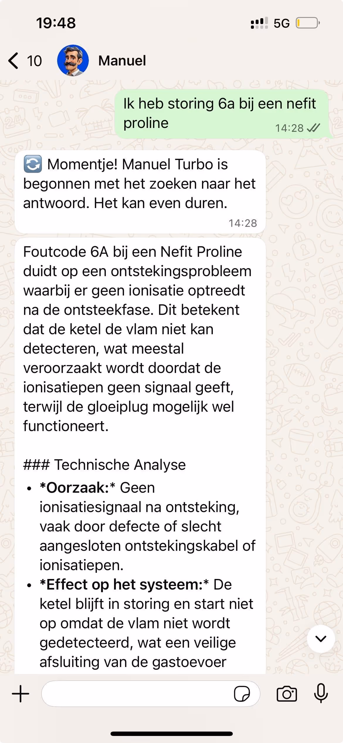 WhatsApp screenshot van een chat met Manuel