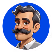 Illustratie van een man met een grote snor, donker haar en een lichtgrijze overhemd tegen een blauwe achtergrond.