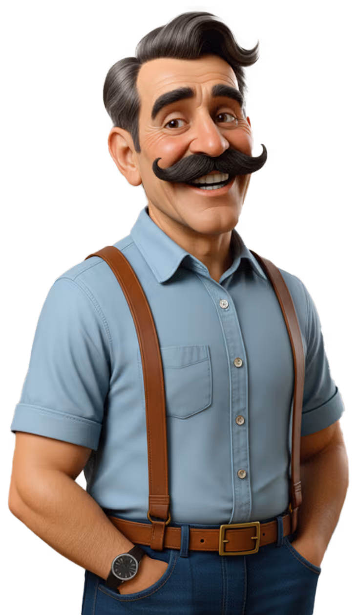 Een glimlachende man met een grote snor, grijs haar, blauwe overhemd met opgerolde mouwen, bruine bretels en een horloge aan zijn linkerpols.