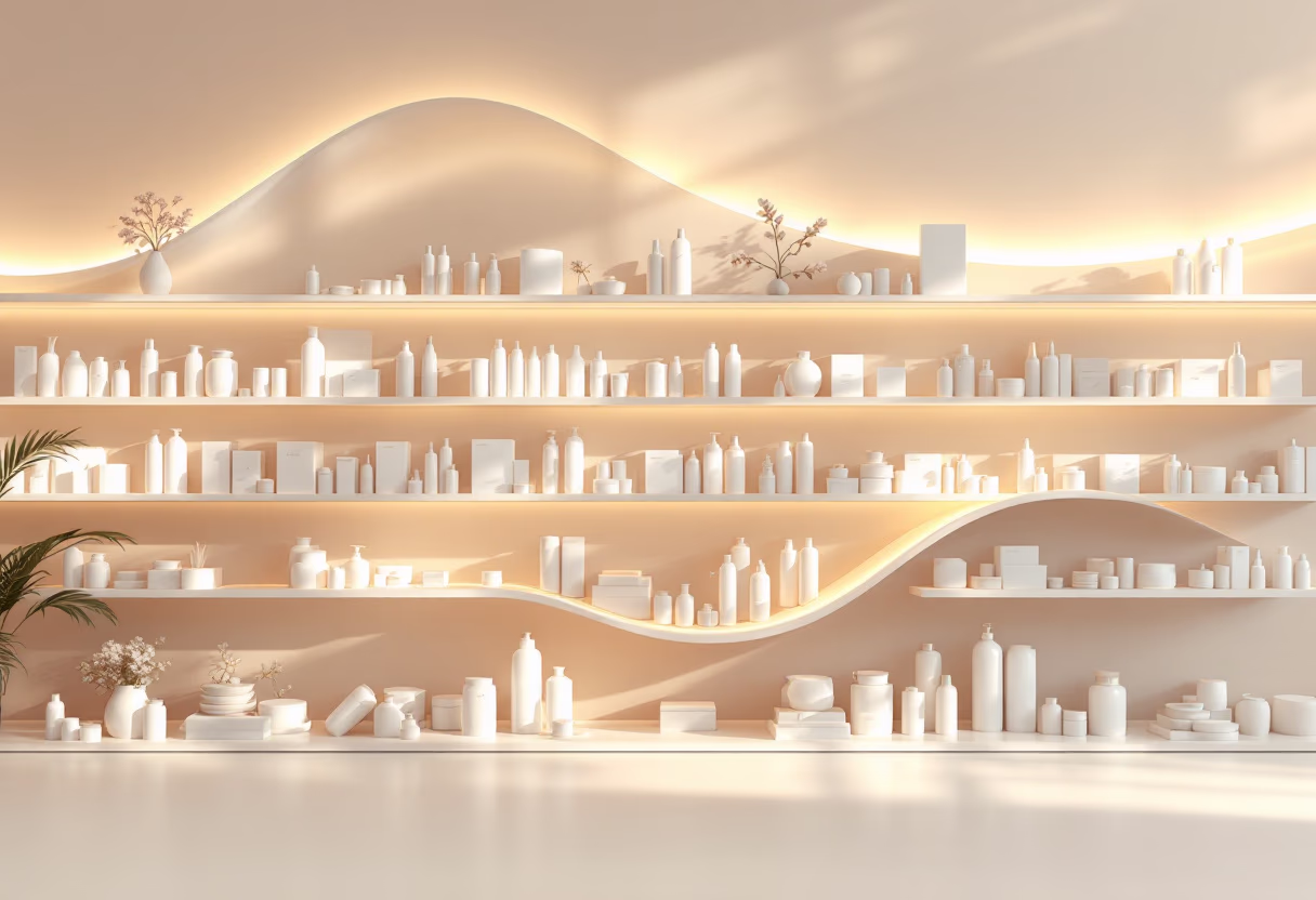 [background image] retail setting with neatly arranged products (for a pharmacy)