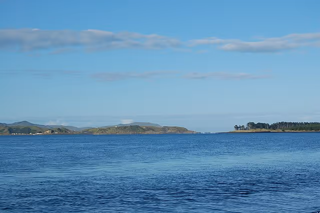 A serene ocean view featuring calm waters, distant hills, and a clear blue sky with scattered clouds.