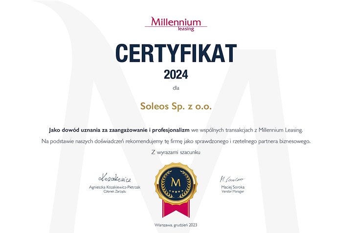 Certyfikat Millenium Leasing
