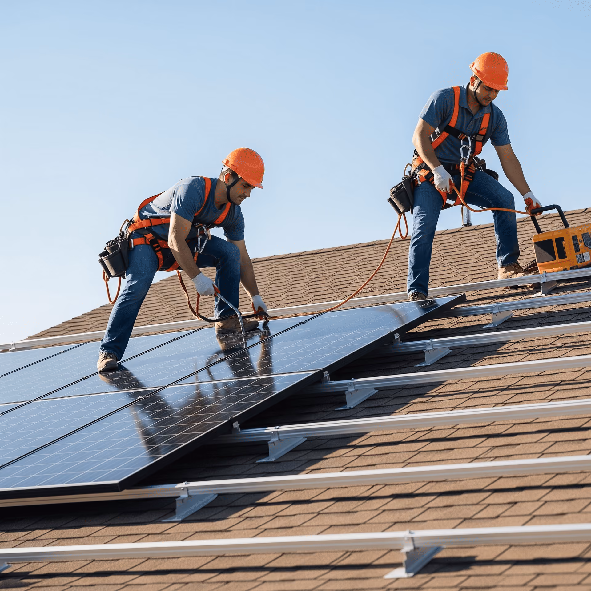 Deux ouvriers portant un casque orange installent des panneaux solaires sur un toit en pente sous un ciel dégagé.