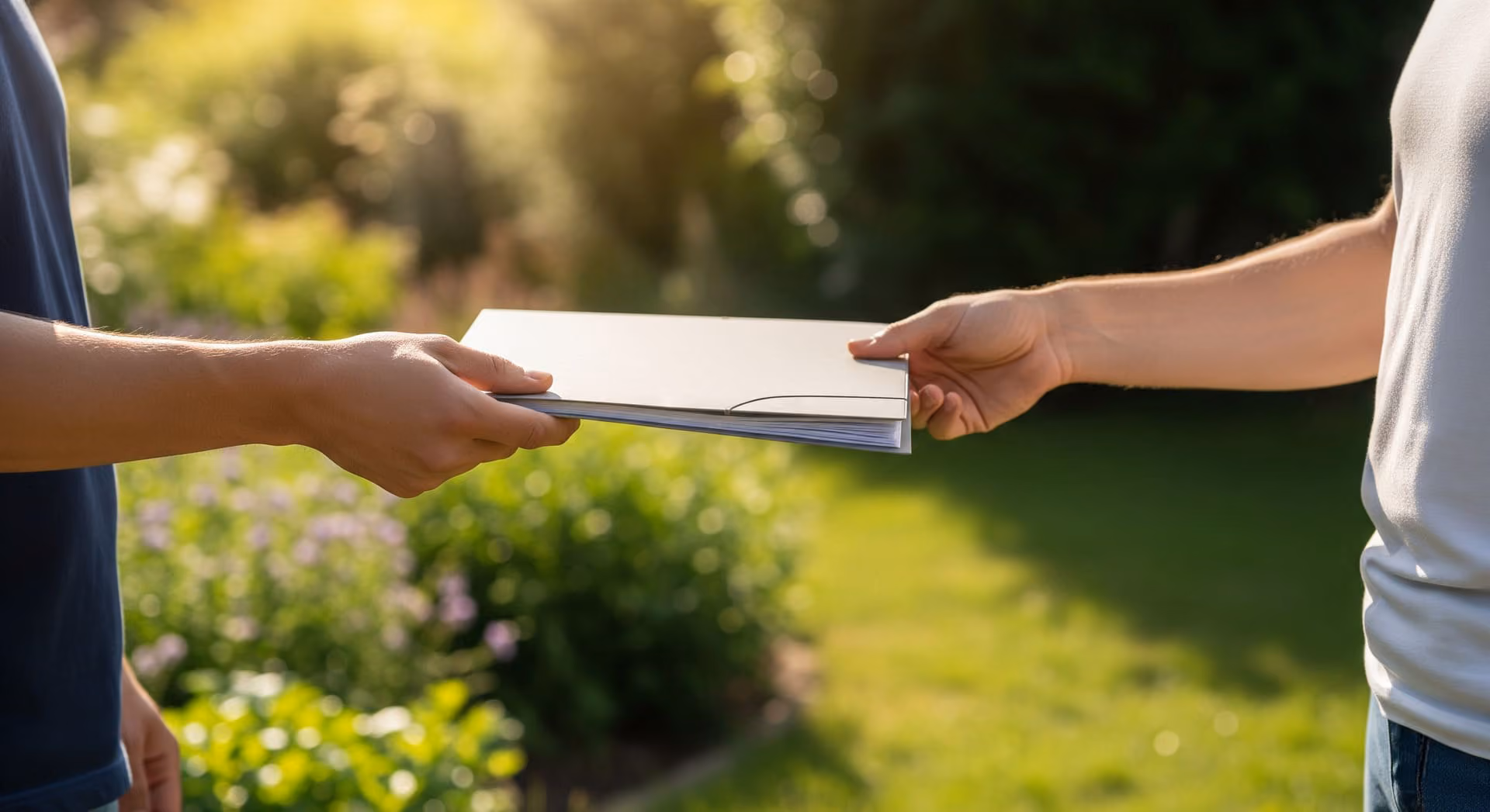 Deux personnes échangent un dossier blanc à l'extérieur avec un jardin flou en arrière-plan.