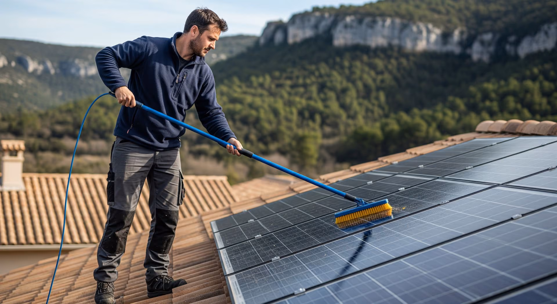 Un homme nettoie des panneaux solaires sur un toit en tuile avec une brosse à long manche, entouré de collines boisées.