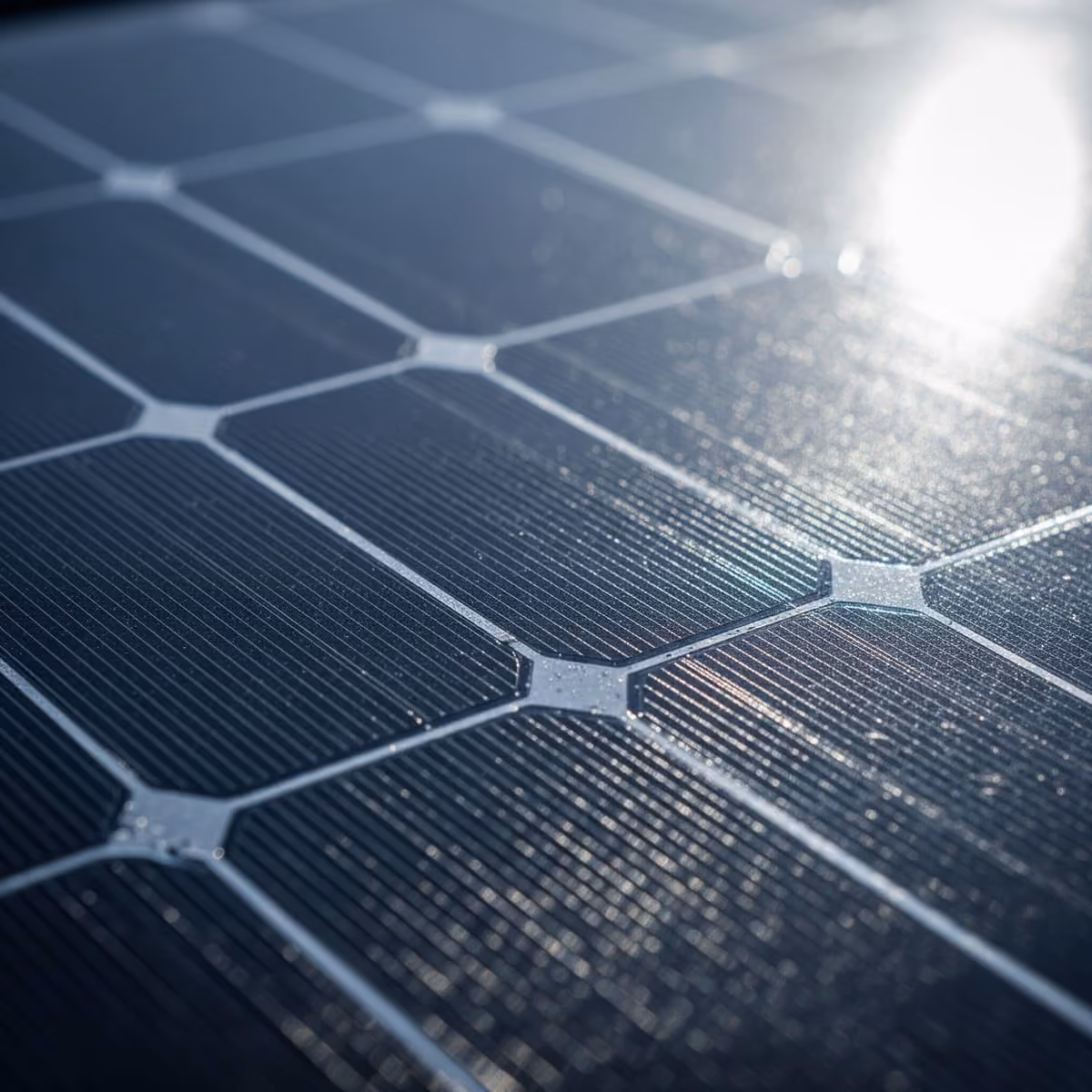 Gros plan sur une surface de panneau solaire avec réflexion lumineuse.