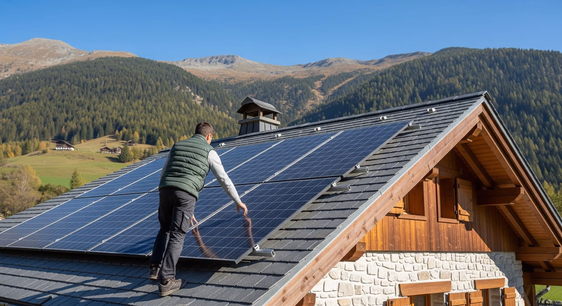 Un homme installe des panneaux solaires sur le toit d'une maison en montagne par une journée ensoleillée.