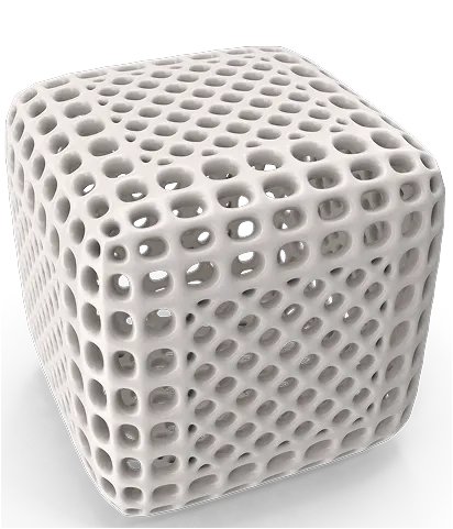 3D perforated cube structure representing modular architecture and advanced data processing.