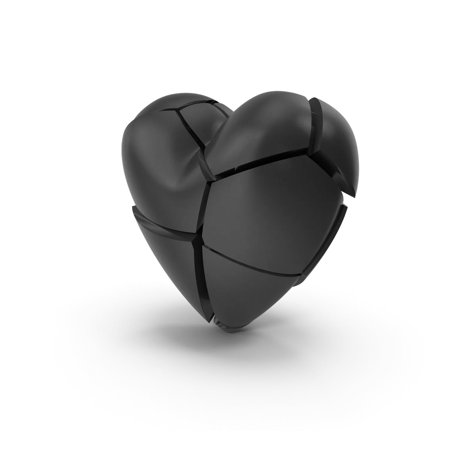 Fragmented black heart symbolizing deep analysis, emotional risk, and trust intelligence.