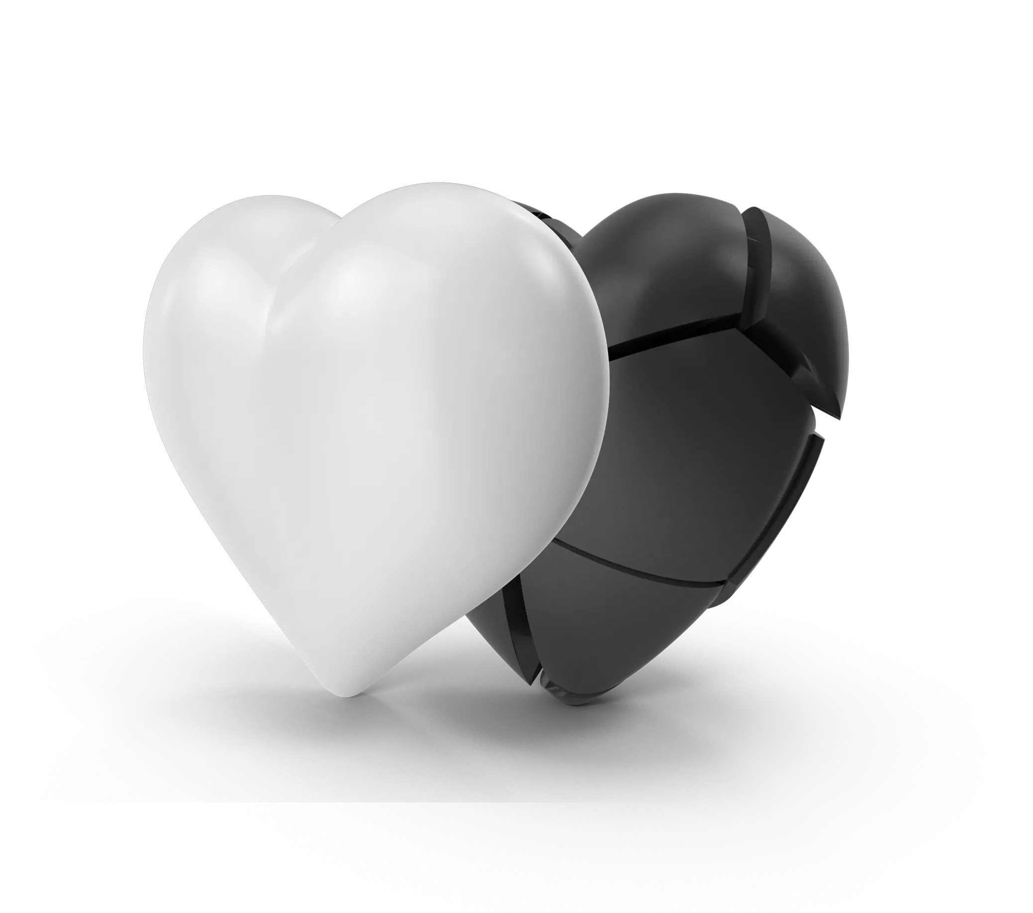 Two side-by-side hearts, one smooth and white, the other black and segmented — symbolizing contrast between emotional trust and analytical insight.